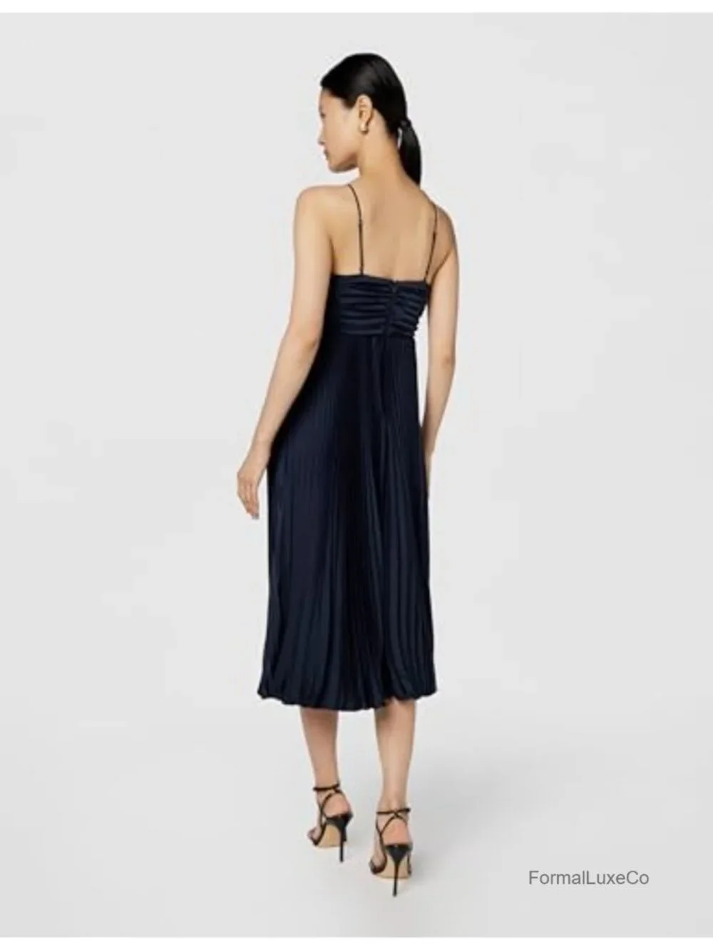 Pleated Satin A-Line Midi Dress Sleeveless V-Neck One Shoulder Back